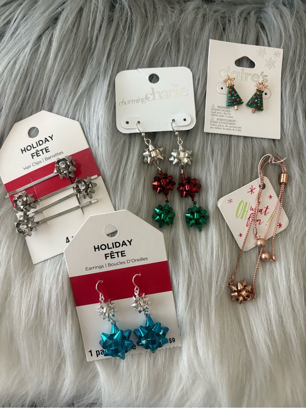 Lot of Christmas Tree Holiday Present Bow Earrings, Bracelet & Hair Barrettes